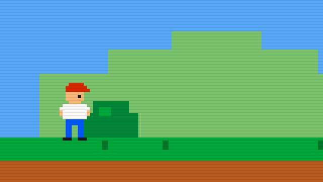 The pixel-art man in his red cap, up close, facing right