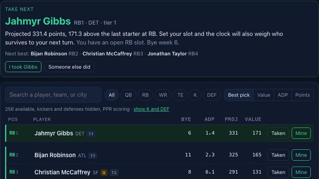 The Pick Who Next recommendation card: Take next, Jahmyr Gibbs, with the reasoning underneath and the first rows of the player list
