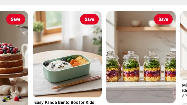 A grid of wholesome pins, led by a panda bento box, each wearing a red Save button
