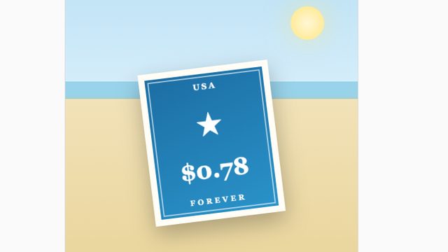 A fake Instagram post of a $0.78 Forever stamp posing on a beach
