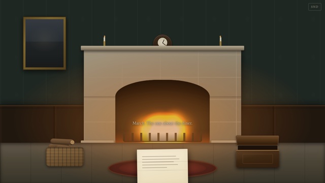 The TINDERBOX drawing room: a stone fireplace burning well, a letter held up before it, the keepsake box open on the hearth